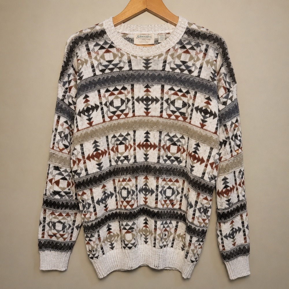Vintage 90s St Johns Bay XL Southwest Geometric Knit Sweater Grandpa Aztec